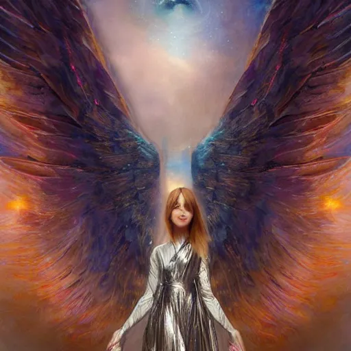 Image similar to UHD hyperrealistic photorealisitc, detailed cosmic robotic angel, with real wings, by Greg Rutkowski and Ayami Kojima, tonalism, rich deep colors masterpiece