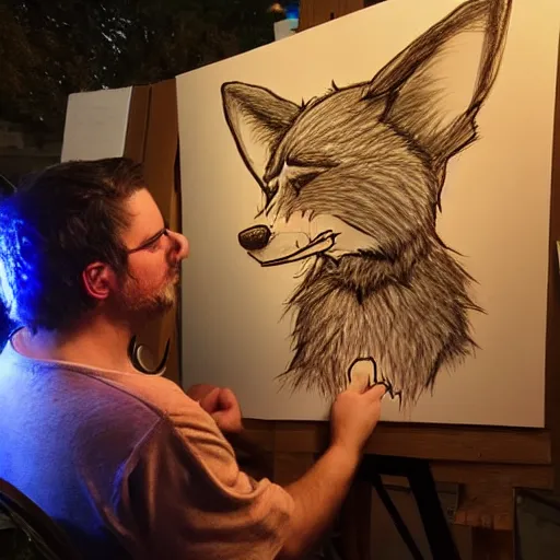 Image similar to photo portrait of drunk hobo artist drawing furries for booze, symmetry, awesome exposition, very detailed, highly accurate, intricate, professional lighting diffracted lightrays, 8 k, sense of awe