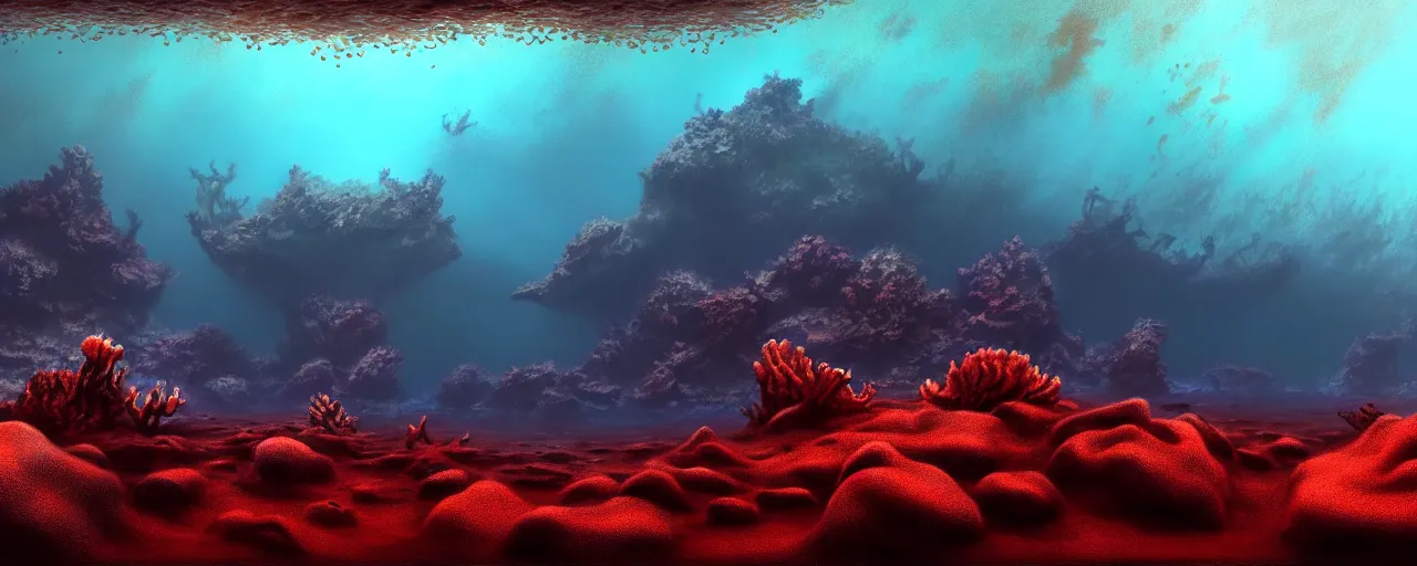 Image similar to A gorgeous detailed oil of a dark red sea covered in big blue steep rocks, a school of piranhas underwater, the further away the mistier it gets, surreal, concept art, dark aesthetic, atmospheric, moody, hyperrealism, highly detailed, masterpiece, award winning, 4k, unreal engine