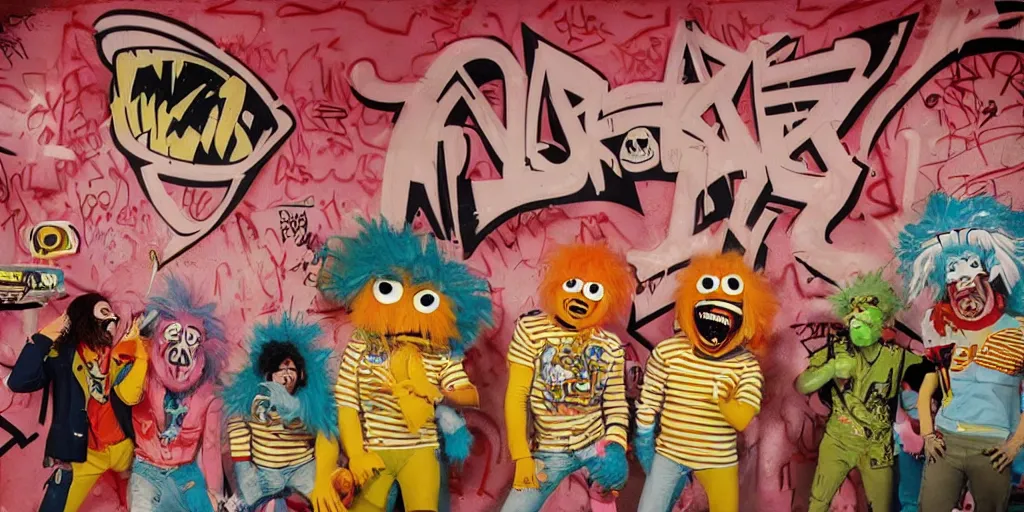 Image similar to Yo Gabba Gabba heavy metal band, 1980s surrealism aesthetic, detailed facial expressions, graffiti on the walls and ceiling