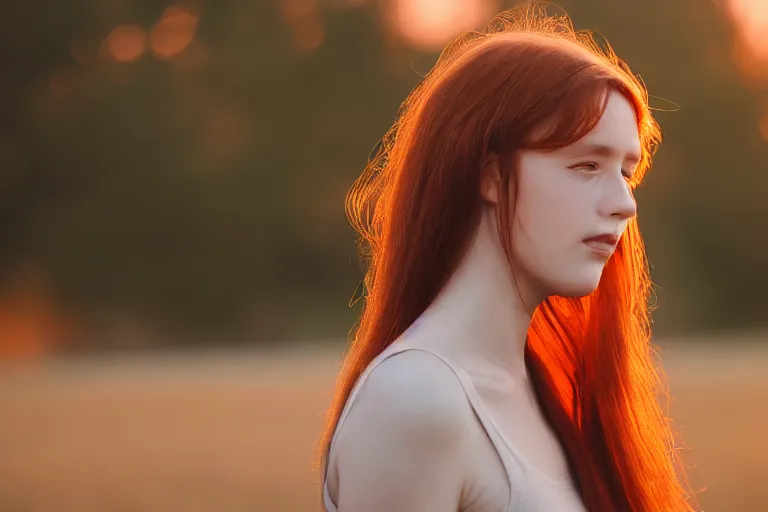 Prompt: picture of woman in the sunset, long hair, red head, golden hour, high depth of field, zoom, 4 k