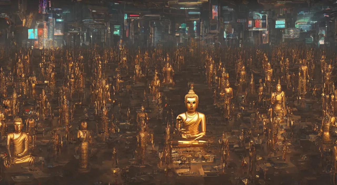 Prompt: Cyberpunk cyborg buddha being worshipped by a huge congregation of robot monks. Wide angle, Hyper realistic, award winning, vivid volumetric dramatic lighting. Rendered with unreal engine