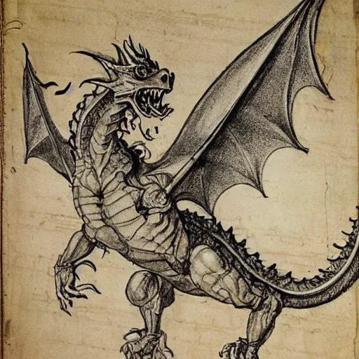 Image similar to extremely detailed anatomy sketch of a dragon with annotations by leonardo da vinci, aged parchment, scientific, technical, blueprint