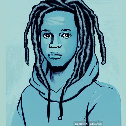 Prompt: “Side portrait of A AfricanAmerican boy with dreads and a blue hoodie on, in the style of a soviet propaganda poster”