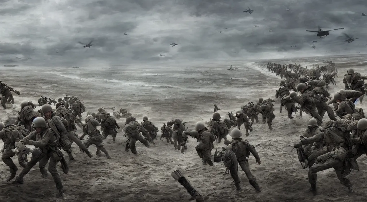 Prompt: scene from normandy omaha beach landing during world war ii in france, cinematic lighting, 8 k smooth, vibrant colors, ambient occlusion, hdr, complex, highly atmospheric lighting, highly detailed, photorealism, alex grey, greg rutkowski, focus, cinematic, concept art, artstation, trending