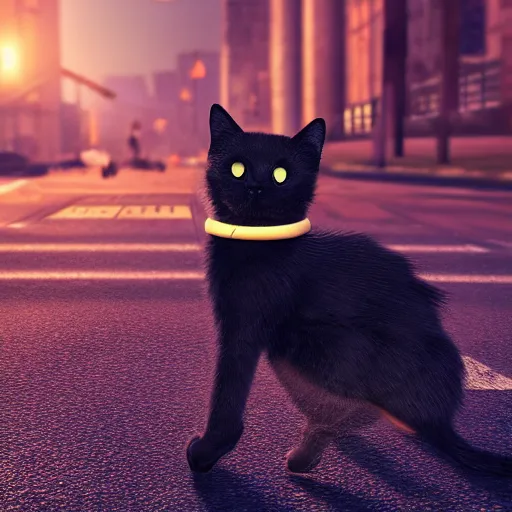 Image similar to the most beautiful black cat ever seen with big eyes in the middle of the street at mid night with the moon in the sky. Award winning. Unreal 5. Realistic. Highly detailed. Artstation. Professional photographer.