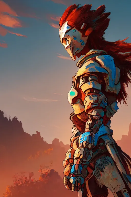 Image similar to combination suit armor aloy horizon forbidden west horizon zero dawn radiating a glowing aura global illumination ray tracing hdr fanart arstation by ian pesty and alena aenami artworks in 4 k tribal robot ninja mask helmet backpack