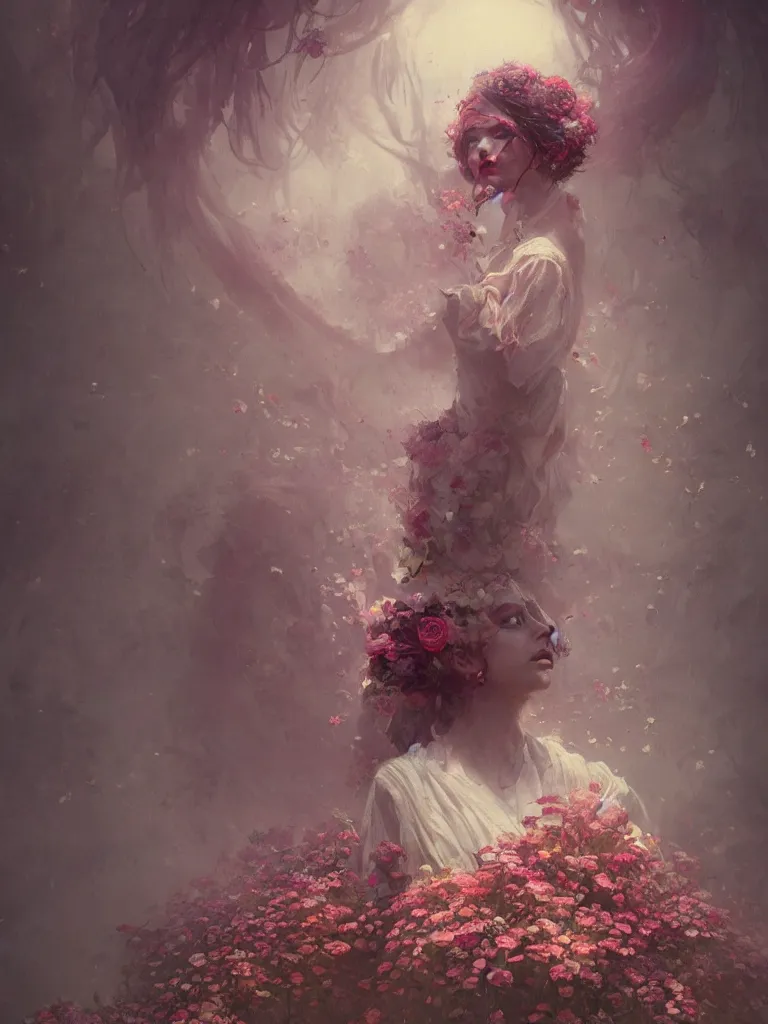 Image similar to a beautiful terrifying girl made of flowers. ethereal horror fantasy art by greg rutkowski and magali villanueve and monet, concept art, smooth, cinematic lighting, 8 k resolution