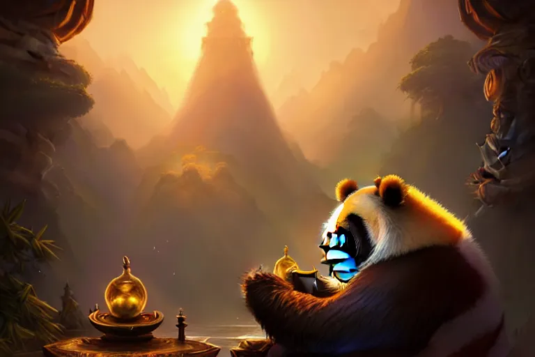 Image similar to [ important ] amazing portrait of a pandaren meditating [ / important ], hearthstone splash art, deiv calviz, splash art, natural light, elegant, intricate, fantasy, atmospheric lighting, by greg rutkowski, hearthstone splash art, hd wallpaper, ultra high details, cinematic composition