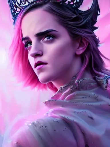 Prompt: pink portrait of young beautiful female angel queen Emma Watson head wearing shiny pink crown, subtle purple accents, hyper details, black metal rococo, sculpted by Alex Alice, Craig Mullins, yoji shinkawa, trending on artstation, beautifully lit, Peter mohrbacher, hyper detailed, insane details, intricate, elite, elegant, luxury, ray of light through smoke, CGsociety, hypermaximalist, golden ratio, volumetric, octane render, weta digital, micro details, 3d sculpture