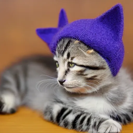 Image similar to kitten photo, wearing wool hat, tongue mlem!, cat ears