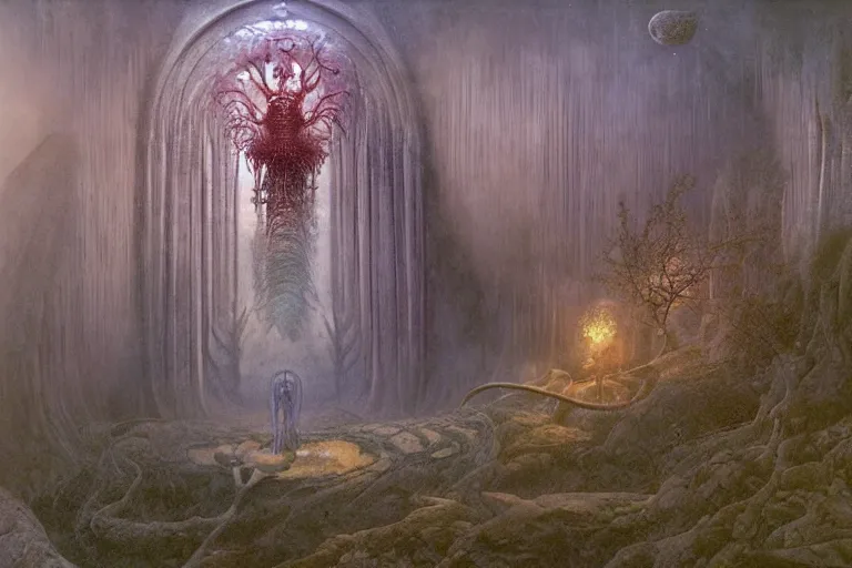 Prompt: hallucination of Himeji Rivendell overlooks the Garden of Eden, amazing concept painting, by Jessica Rossier by HR giger by Beksinski, by brian Froud