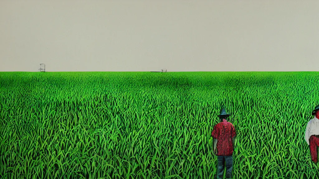 Image similar to farmer and sugar cane field, okinawa japan, a collage painting, in the style of wes anderson, lola dupre, david hockney, isolated on negative white space background dark monochrome neon fluorescent spraypaint accents volumetric octane render