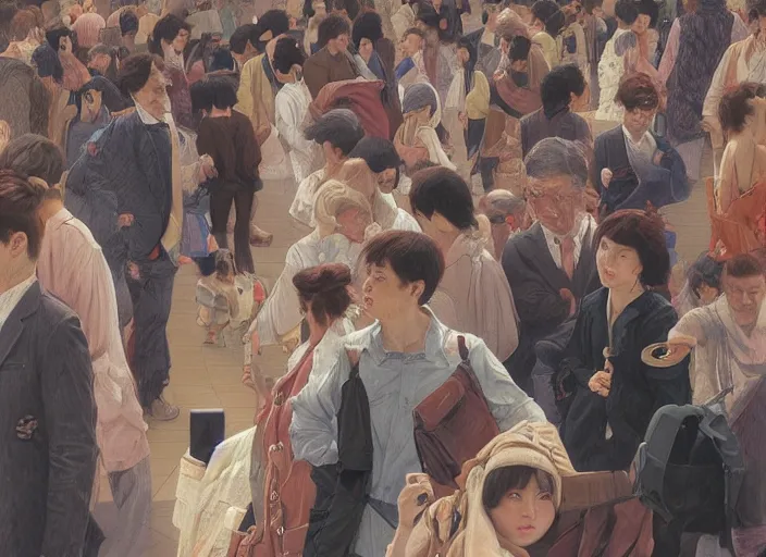 Prompt: people interior airport, crowd of people, portrait face, in the style of peter ferguson, frantisek kupka, intricate, miles johnston, kuroda seiki, cynical realism, ozabu, john william godward, painterly, yoshitaka amano, moebius, miles johnston, louise zhang, james jean