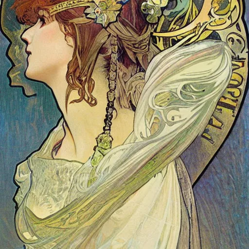 Image similar to woman in full plate armour, lance, flowing hair, painted by alphonse mucha