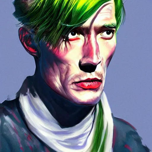 Image similar to peter o'toole, messy green hair, white face, red lips, portrait, realistic, concept art, lee bermejo, influenced by lawrence of arabia