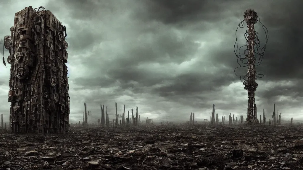 Prompt: giant evil bio-organic fleshy complex machine tower with tendrils and one eyeball at the top looking over a stormy post-apocalyptic wasteland, dystopian art, film still from the movie directed by Denis Villeneuve with art direction by Salvador Dalí, wide lens