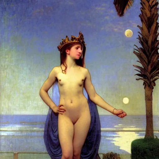 Image similar to Moon girl at the palace, thunderstorm, greek pool, beach and palm trees on the background major arcana sky, by paul delaroche, alphonse mucha and arnold böcklin arnold böcklin hyperrealistic 8k, very detailed