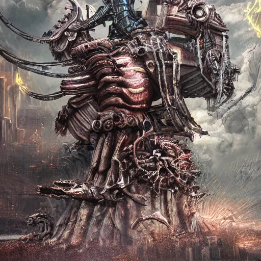 Image similar to phyrexian dreadnought plus borg queen hybrid with protomolecule vesicles being possessed by the machine spirit artists tram pararam and doctor seuss with beryl cook and hr giger neon high contrast cinematic light, mystical shadows, sharp focus, warhammer fourty k, octane render