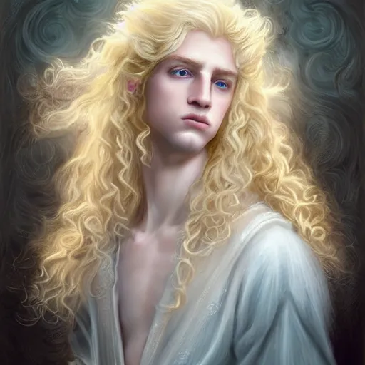 Image similar to Portrait of magical blond prince, very very very very pale white skin, long curly blond hair, dreamy and ethereal, pastel blue eyes, peaceful expression, ornate frilly regal shirt, fantasy, intricate, elegant, dynamic lighting, highly detailed, digital painting, artstation, concept art, smooth, sharp focus, illustration, art by artgerm and greg rutkowski and alphonse mucha