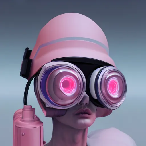 Image similar to intense futuristic bespoke vr headset respirator on a set of twin ninja hypebeasts, by ilya kuvshinov and james jean and sorayama and ikeuchi and hiroya oku and gilleard james, artstation trending, 8 k, 3 d render, photorealistic, volumetric lighting caustics, pink