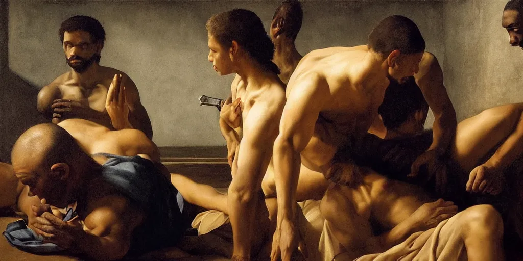 Prompt: beautiful oil matte painting, men in solitary confinement in caribbean jail, wonderful masterpiece highly detailed, beautiful cinematic light deep focus, elegant, digital painting, smooth, sharp focus, golden ratio, dramatic illumination, ultra realistic, 8 k, art by artemisia lomi gentileschi and caravaggio