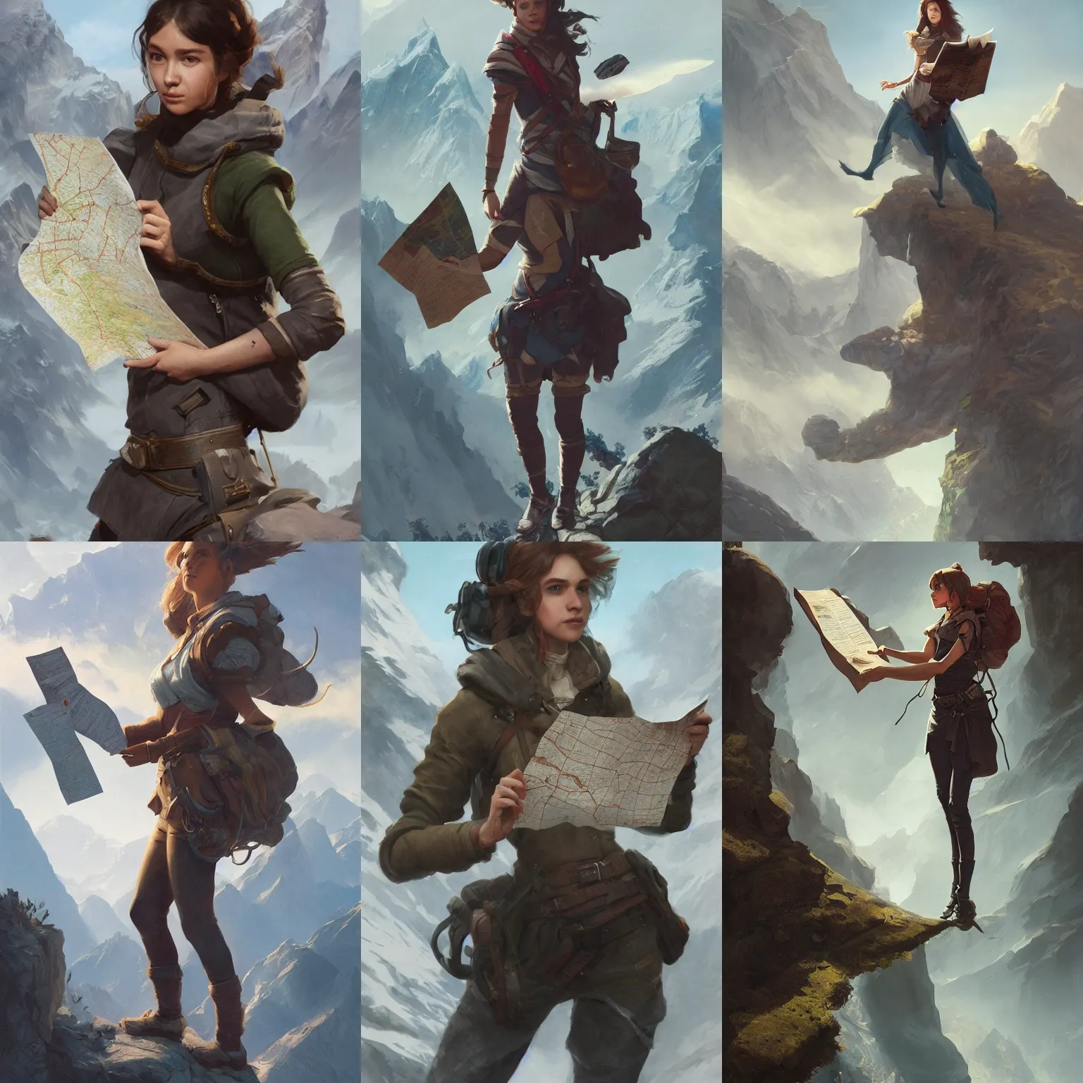 Prompt: A portrait of a female explorer holding a map, full body shot, fantasy, mountainous terrain, action shot, trending on artstation, clear portrait, 4K, by Greg Rutkowski