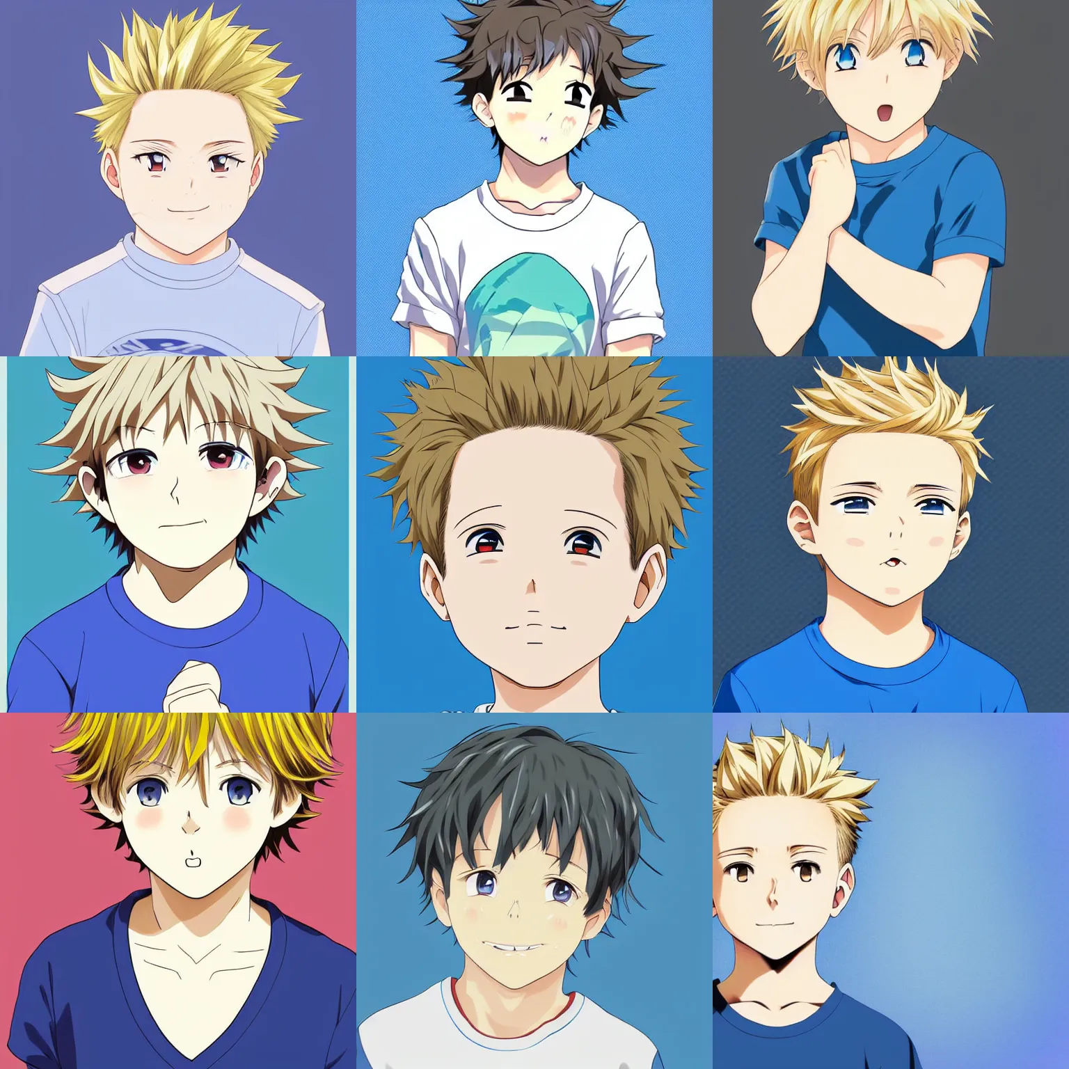 Prompt: A medium shot anime portrait of a young smiling anime boy child with extremely short curly wavy blonde hair and blue eyes, buzzed sides, blue-eyed, chubby face, very young, little boy, medium shot portrait, wavy and short top hair, his whole head fits in the frame, solid color background, flat anime style shading, head shot, 2d digital anime drawing by Stanley Artgerm Lau, WLOP, Rossdraws, James Jean, Andrei Riabovitchev, Marc Simonetti, and Sakimi chan, trending on artstation