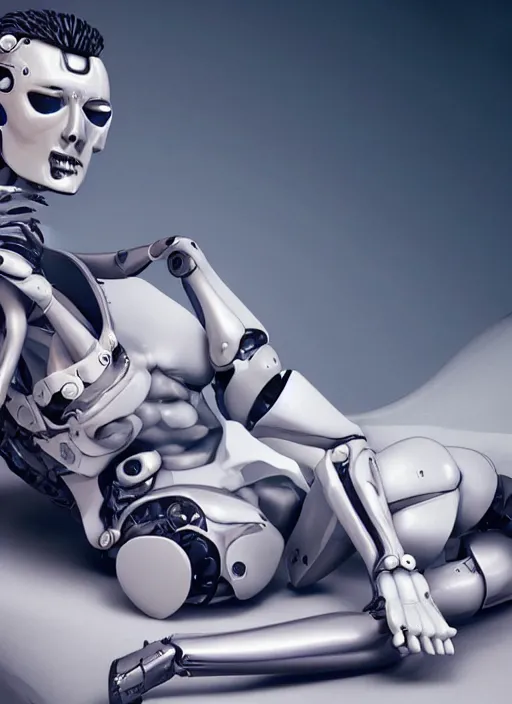 Image similar to portrait of a futuristic bone ceramic guapo humanoid robot Spanish with a handsome face and muscular body reclining. legs open, blue laser eyes, macho, piroca, dotado, guapo, matte surface, trending on cgsociety