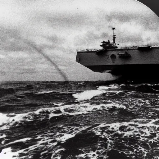 Prompt: analog polaroid footage of colossal octopuses tentacles emerging from the ocean destroying an aircraft carrier, daylight, film grain, bird sight,