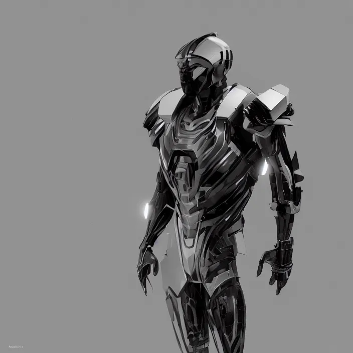 Image similar to a top down shot of a character in an spaceship by nihei tsutomu, front facing the camera, dramatic black and white, modern clean reflective obsidian dark black armor, highly detailed, 3 d render, vray, octane, realistic lighting
