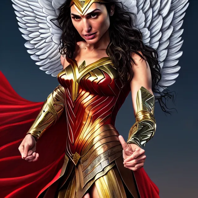 Image similar to full likeness of gal gadot as a beautiful angel warrior queen in ornate robes, highly detailed, 8 k, hdr, award - winning, trending on artstation, clayton crain