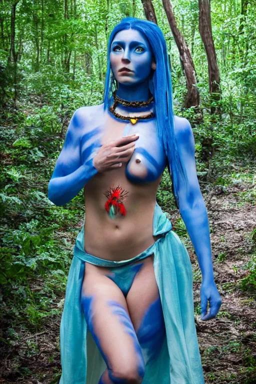 Prompt: a french woman dressed as a blue-skinned female navi from avatar standing in a forest, blue body paint, high resolution film still, 8k, HDR colors, cosplay, outdoor lighting, high resolution photograph, photo by bruce weber