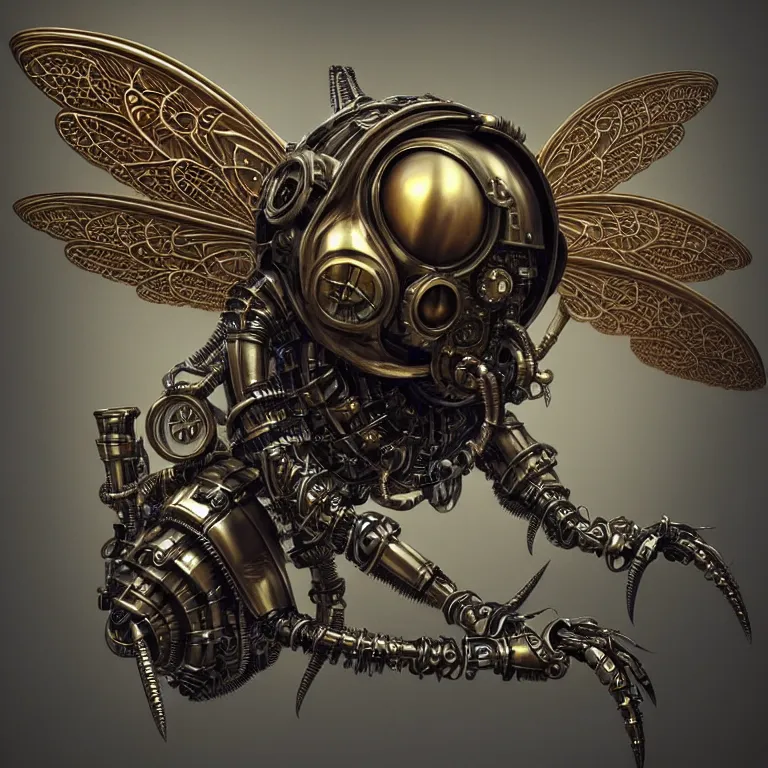 Image similar to steampunk cybernetic biomechanical bee with wings, 3 d model, unreal engine realistic render, 8 k, micro detail, intricate, elegant, highly detailed, centered, digital painting, artstation, smooth, sharp focus, illustration, artgerm, tomasz alen kopera, wlop