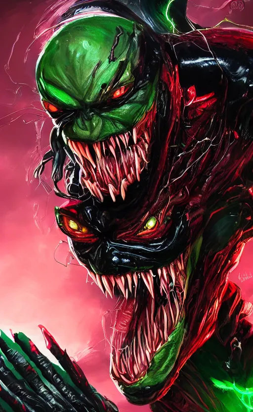 Image similar to portrait of venom as the green goblin, black and red, dynamic lighting, cinematic, ultra detailed, trending on art station, stunning visuals, creative, fantasy concept art