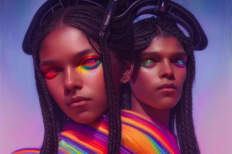 Prompt: patron saint of 🛸🌈👩🏾, long braids, futuristic clothing, neon god of city character portrait, in the style of moebius, tom bagshaw, and waterhouse, cinematic lighting, beautiful, elegant, sharp focus, oil painting, big anime eyes,