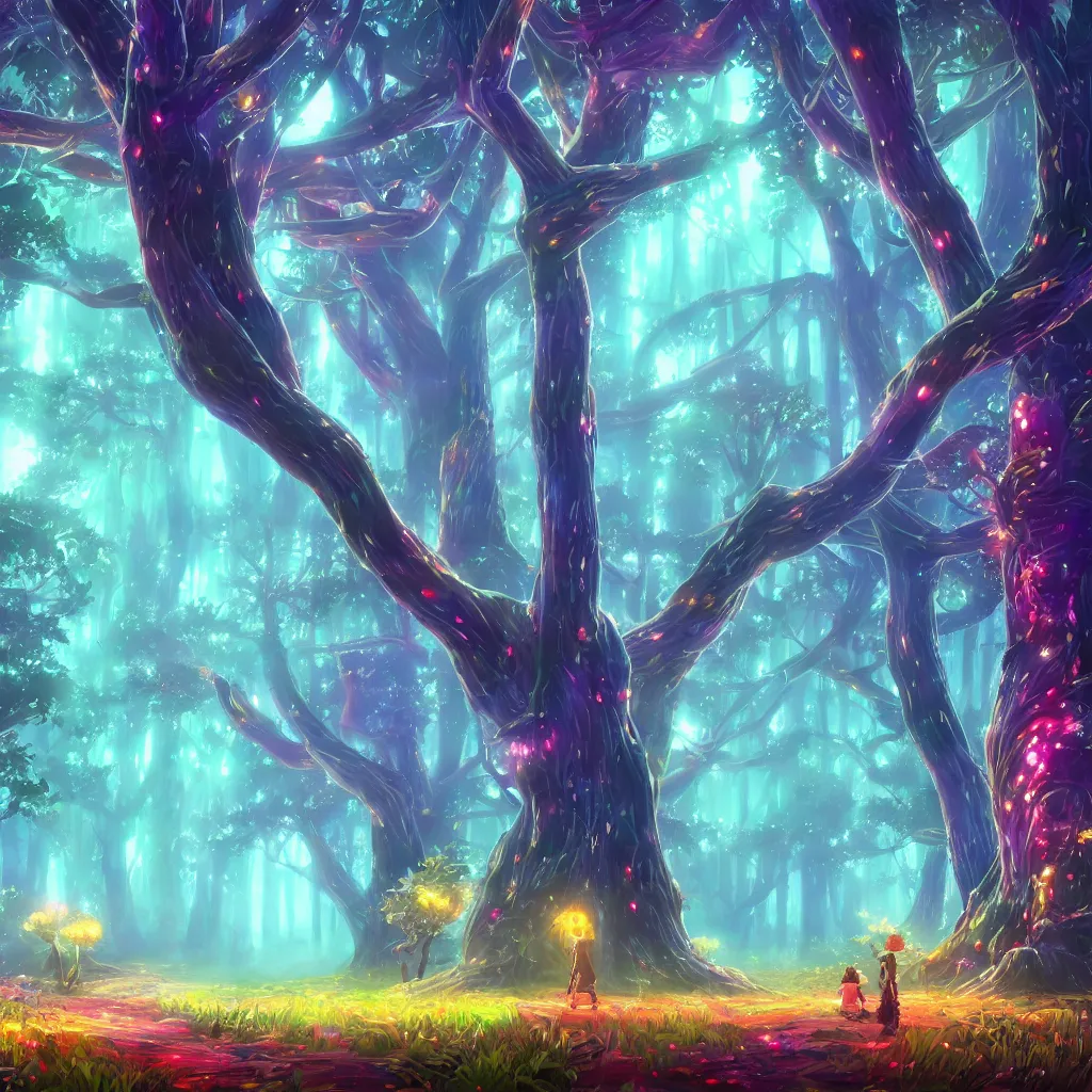 Image similar to huge trees, misty nighttime. radiating colorful energy. photorealistic, moody atmosphere, volumetric shading, holographic undertones, intricate and detailed, highly saturated colors. ori and the blind forest, breath of the wild style, studio ghibli!!!. trending on artstation. award winning, awe inspiring, daily deivation