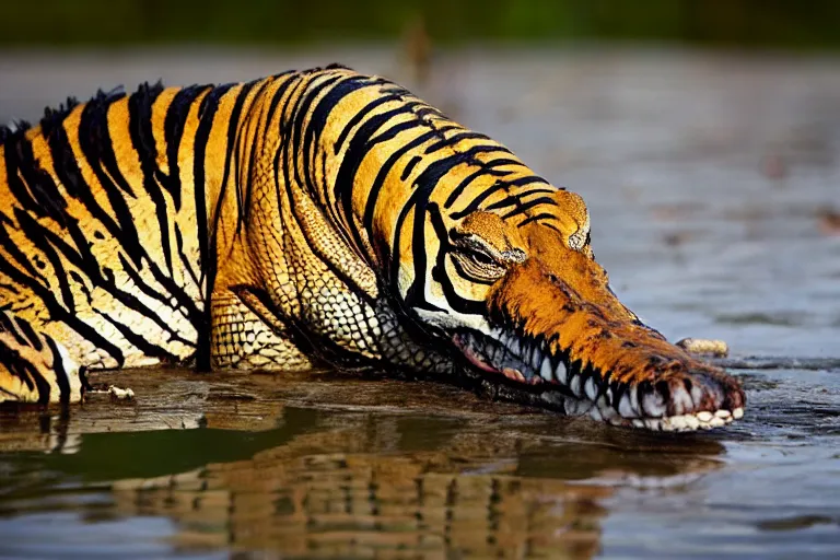 Image similar to an alligator tiger!!! hybrid! hyper realistic!! realistic lighting!! wildlife photographer of the year!!! bold natural colors, national geographic, hd, wide angle, 8 k