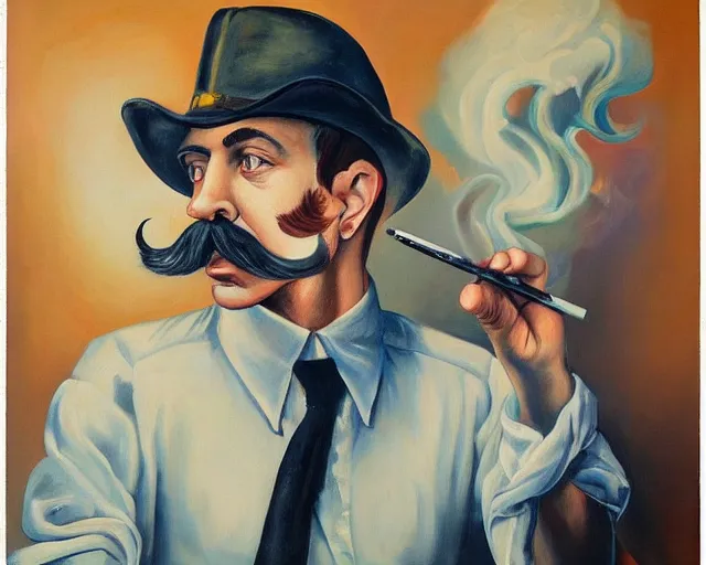 Image similar to a surreal painting of a young man with a handlebar mustache smoking a joint