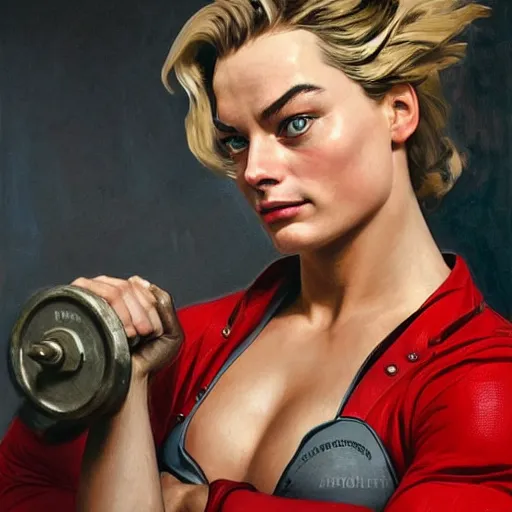 Image similar to socialist realism propaganda poster of margot robbie as beautiful female very muscular weightlifter from overwatch, portrait, profile picture, socialist realism, highly detailed, intricate, digital painting, artstation, sharp focus, illustration, art by jakub rozalski, greg rutkowski, artgerm, tan zi and ayanamikodon and alphonse mucha and wlop