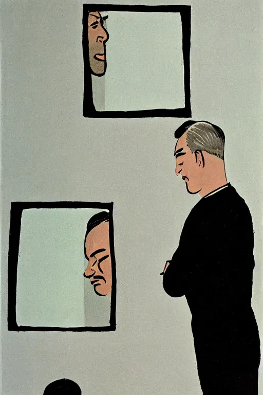 Image similar to man looking at his reflection in the mirror, 1960’s minimalist advertising illustration, painterly, expressive brush strokes