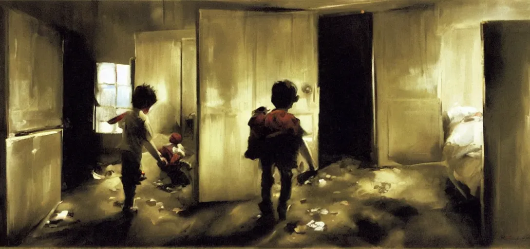 Image similar to a kid entering in a hoarder's room, dark atmosphere. by phil hale