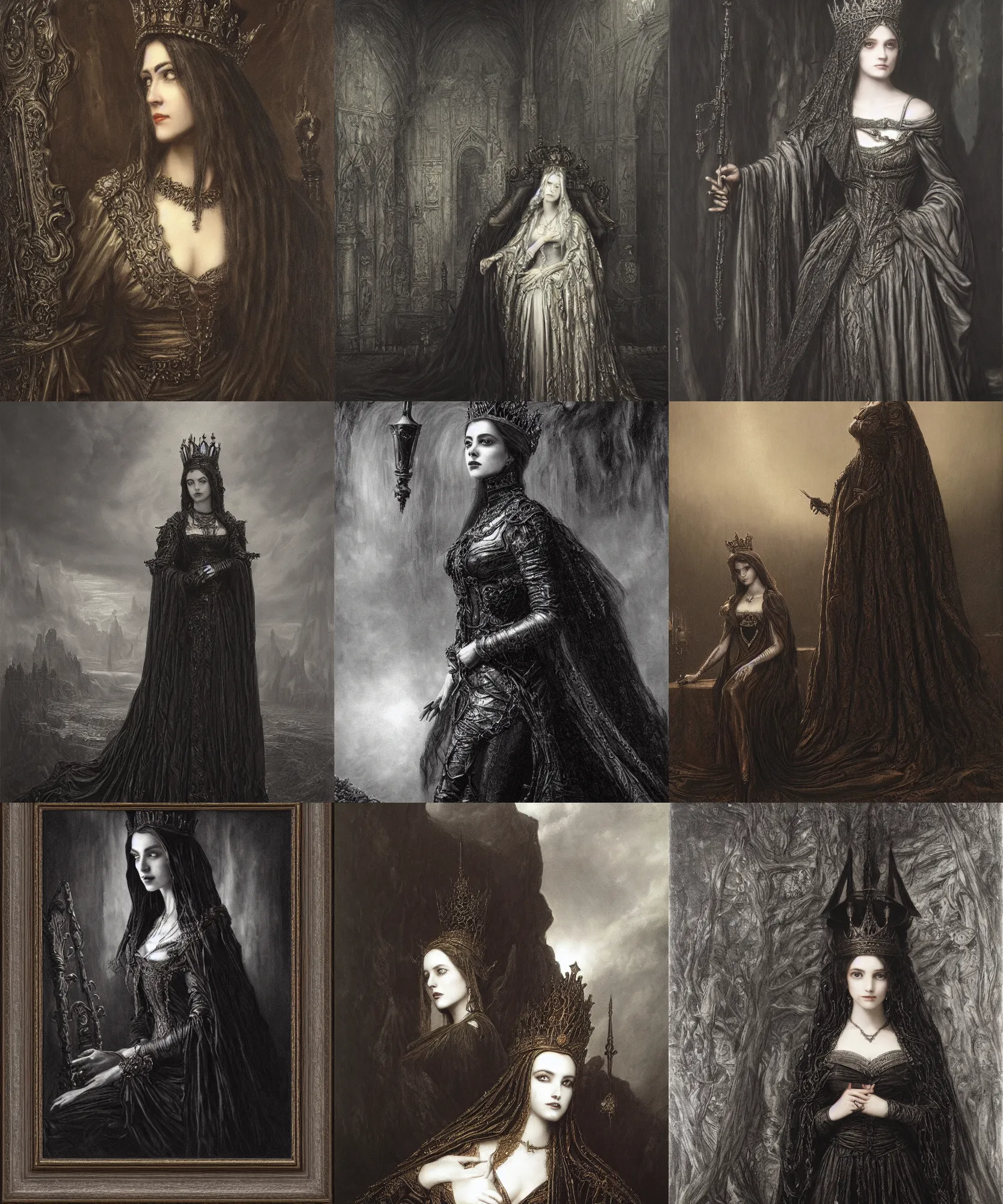 Prompt: The portrait of Lady in black wax crown by Gustave Dore, dark fantasy, witcher, very detailed oil painting, masterpiece, 8k