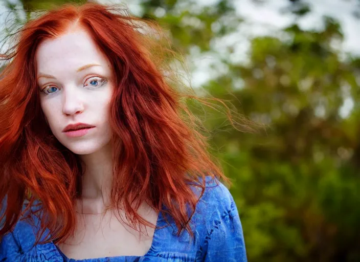 Image similar to close up portrait photograph of a thin young redhead woman with russian descent, sunbathed skin, with deep blue eyes. Wavy long maroon colored hair. she looks directly at the camera. Slightly open mouth, face takes up half of the photo. a park visible in the background. 55mm nikon. Intricate. Very detailed 8k texture. Sharp. Cinematic post-processing. Award winning portrait photography. Sharp eyes.