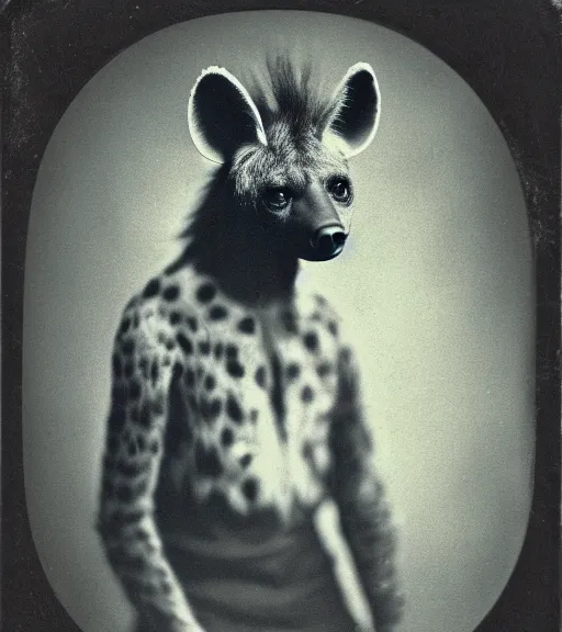 Image similar to professional studio photo portrait of anthro anthropomorphic spotted hyena head animal person fursona wearing casual tshirt clothes by Louis Daguerre daguerreotype tintype