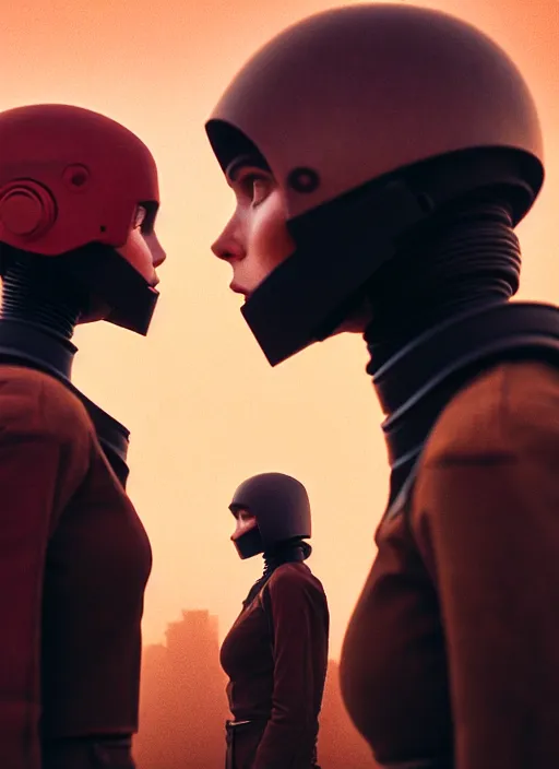 Image similar to cinestill 5 0 d photographic portrait by steve mccurry of two loving female androids wearing rugged black techwear on a desolate plain with a red sky in front of a brutalist structure, extreme closeup, cyberpunk style, dust storm, 8 k, hd, high resolution, 3 5 mm, f / 3 2, ultra realistic faces, ex machina