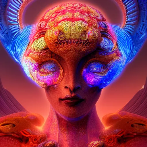 Image similar to Face of a Alien Deity, corals, plume made of fractals, extremly detailed digital painting, in the style of android jones, artwork of a futuristic artificial intelligence superstar, mystical colors, rim light, beautiful lighting, 8k, stunning scene, raytracing, octane, under water visual distortion, trending on artstation