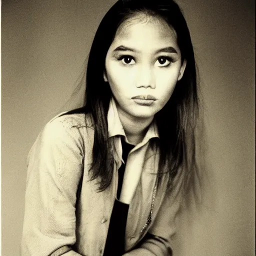 Image similar to A Filipino girl dressed as Morrissey, portrait, by Peter Lindbergh