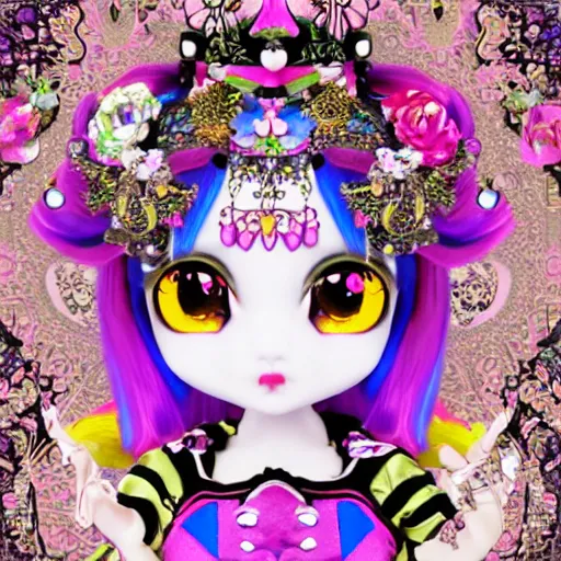 Image similar to baroque bedazzled gothic royalty frames surrounding a pixelsort emo demonic horrorcore japanese beautiful jester decora moe doll, low quality sharpened graphics, remastered chromatic aberration, detailed maximalist sanrio art