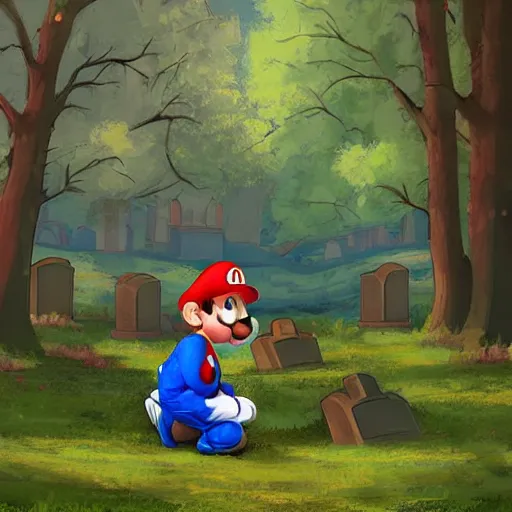 Image similar to Digital art of an aged Mario kneeling in a graveyard. The headstone in front of him says YOSHI. The trees in the graveyard are bare. The art evokes a sensation of loss and nostalgia.